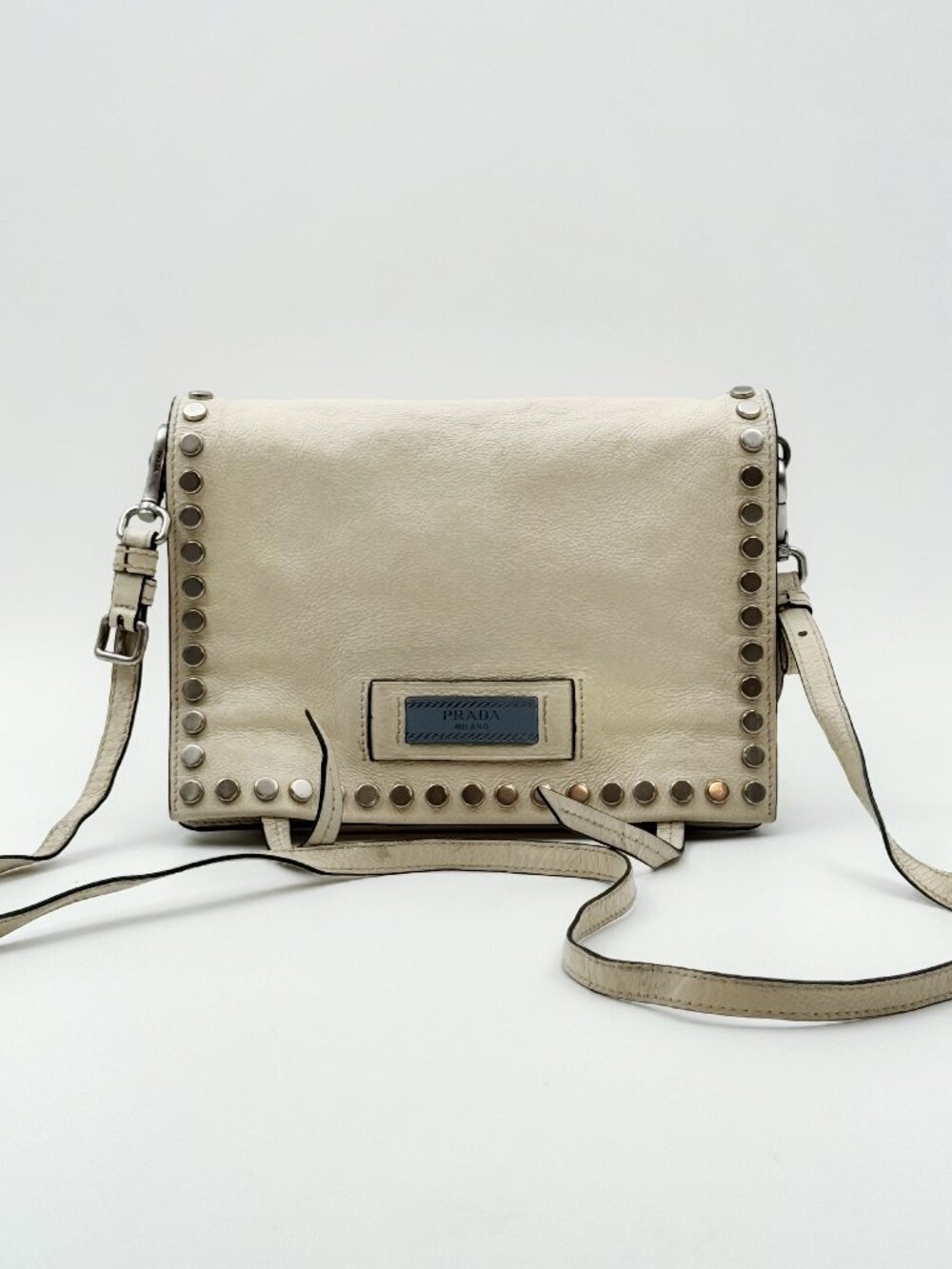 Prada Studded Leather Crossbody Bag Ivory White Flap Shoulder Bag